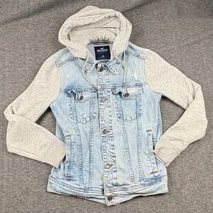 Hollister‎ Denim Jean Jacket Hoodie Spellout XS Distressed Vintage Vibes *READ